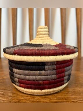 Handmade African Coiled Lidded Basket - Vintage Tribal Decor - Red & Grey